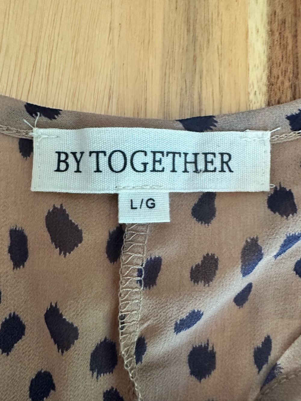By Together Taupe Black Semi Sheer Spot Print Blouse Size Large V-Neck Boho Top - Picture 10 of 10